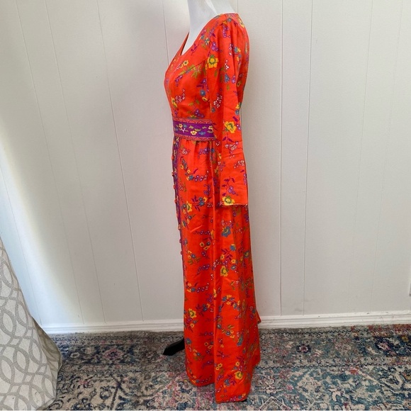 Size XS Orange Purple Vibrant Maxi Dress VTG 60s 70s Gogo Mod Boho Hippie Floral - Picture 8 of 16